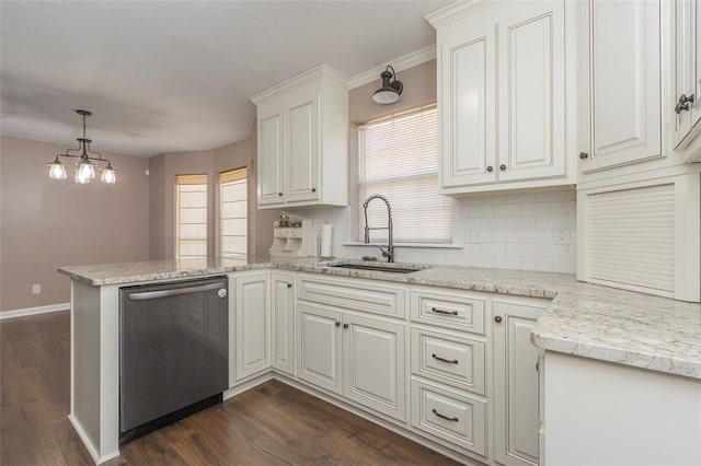 kitchen with dishwasher, white cabinets, sink, dark hardwood / wood-style flooring, and kitchen peninsula