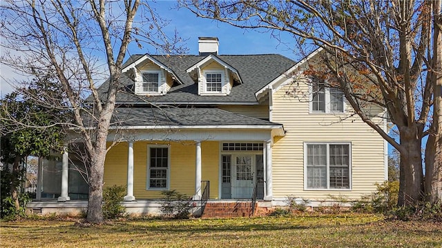 view of front of home featuring a front lawn, a chimney, a porch, and a shingled roof