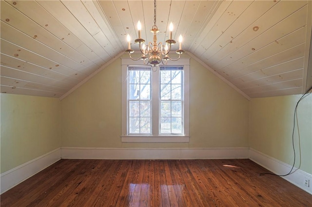 additional living space with a notable chandelier, dark wood finished floors, lofted ceiling, wooden ceiling, and baseboards