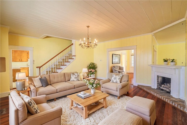 living area featuring a fireplace, wood finished floors, wood ceiling, stairway, and crown molding