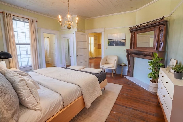 bedroom with a notable chandelier, dark wood finished floors, and crown molding