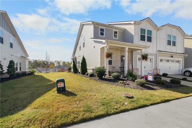 view of front of property with a porch, a garage, and a front lawn