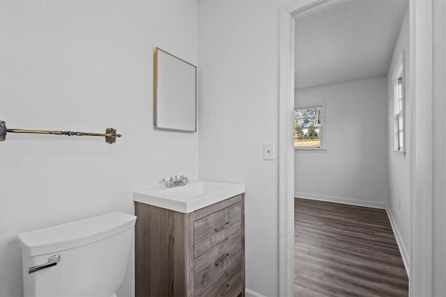 bathroom with vanity, wood-type flooring, and toilet