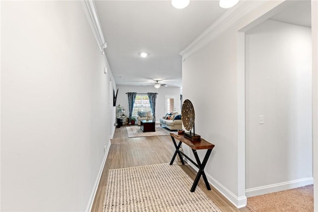 corridor featuring light hardwood / wood-style flooring and ornamental molding