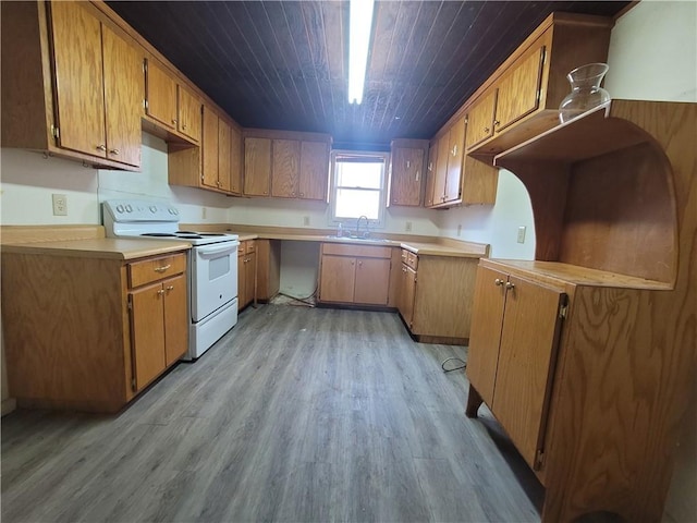 kitchen featuring sink, wooden ceiling, white electric stove, and light hardwood / wood-style flooring