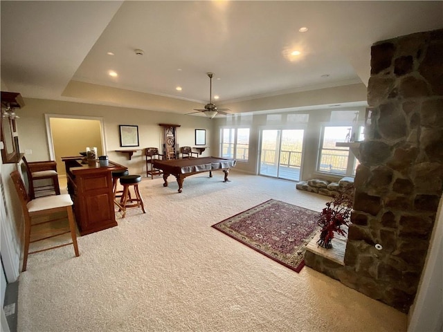 rec room featuring carpet, ceiling fan, crown molding, and pool table