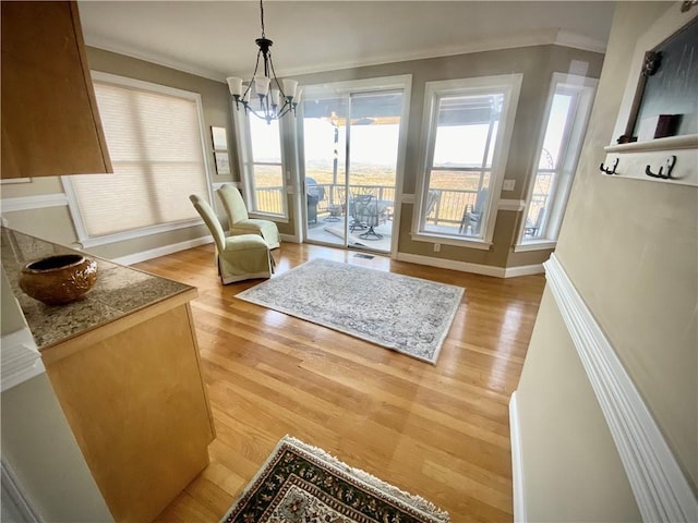 interior space featuring a chandelier, crown molding, and light hardwood / wood-style flooring