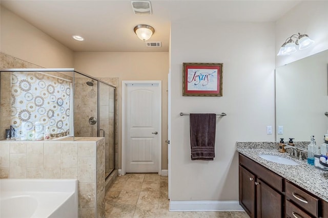 bathroom with vanity and plus walk in shower