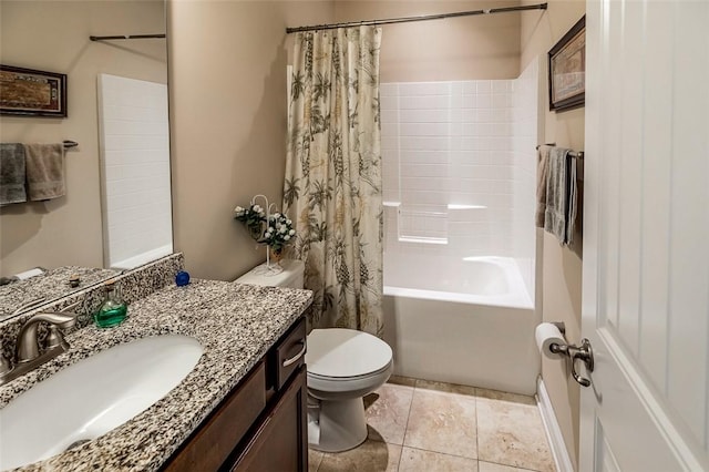 full bathroom featuring toilet, shower / bathtub combination with curtain, tile patterned floors, and vanity