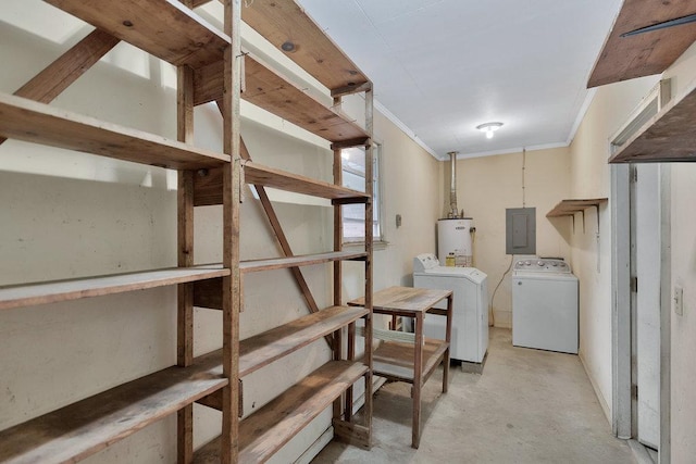 laundry room with washing machine and clothes dryer, electric panel, water heater, and ornamental molding