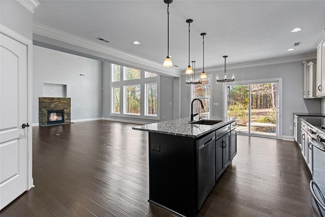 kitchen featuring dark hardwood / wood-style flooring, an island with sink, hanging light fixtures, and sink