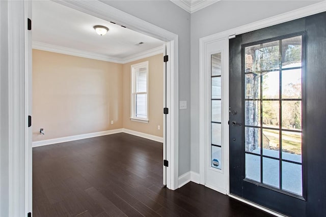 entryway featuring crown molding and dark wood-type flooring