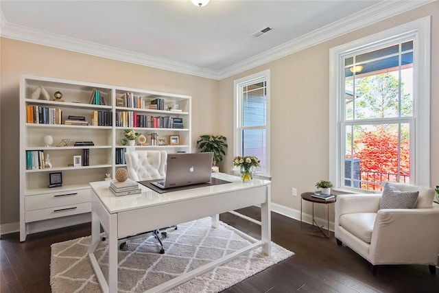 home office featuring crown molding and dark wood-type flooring