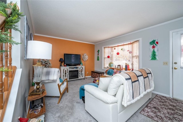 living room with crown molding and light colored carpet