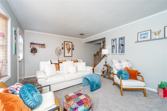 living room featuring carpet, a textured ceiling, and ornamental molding