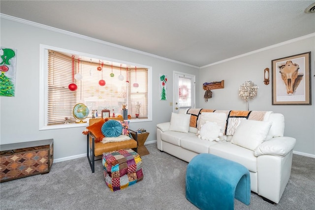 carpeted living room featuring crown molding