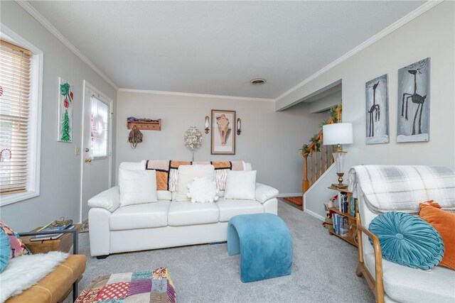 carpeted living room with ornamental molding