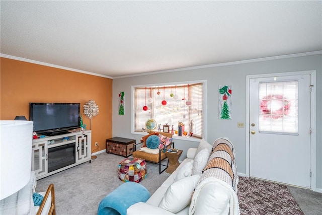 living room featuring light carpet and ornamental molding