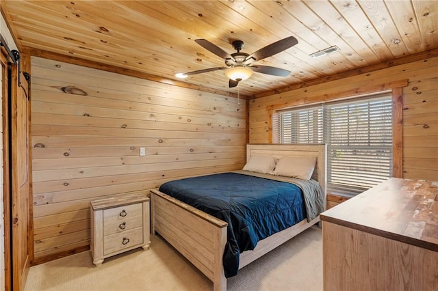 carpeted bedroom with ceiling fan, wood walls, and wood ceiling