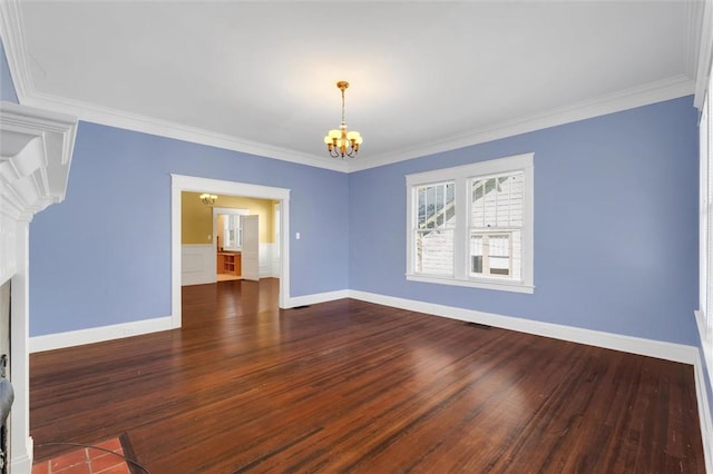 unfurnished living room featuring a chandelier, dark hardwood / wood-style floors, and ornamental molding