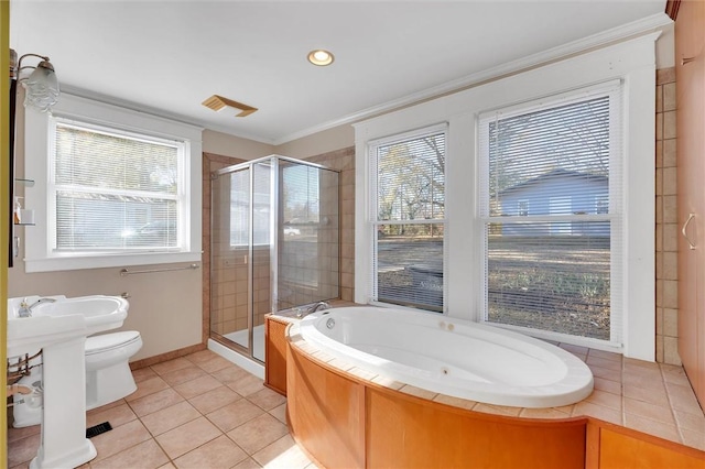 full bathroom with separate shower and tub, a wealth of natural light, crown molding, and tile patterned floors