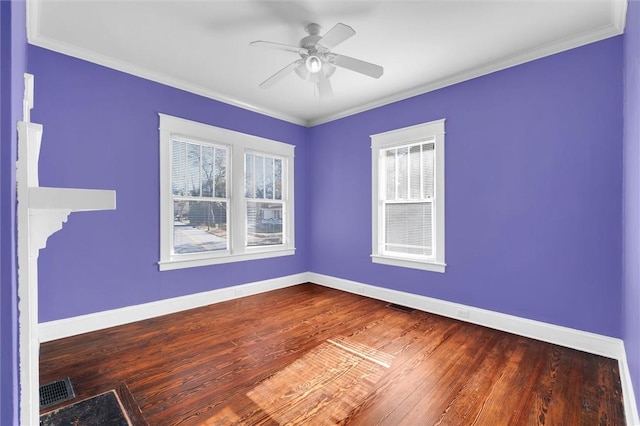 unfurnished room with wood-type flooring, ceiling fan, and crown molding