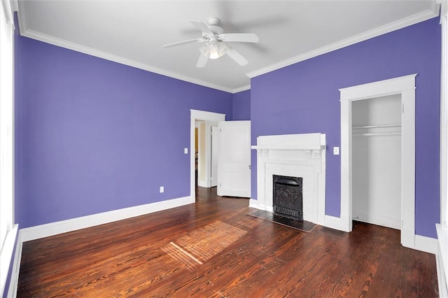 unfurnished living room featuring crown molding, ceiling fan, and dark wood-type flooring