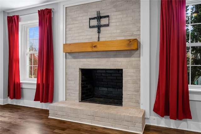 room details featuring a fireplace and hardwood / wood-style floors