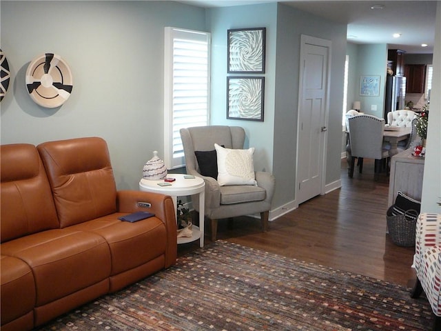 living room featuring dark wood-type flooring