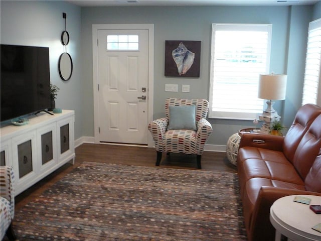 living room featuring dark hardwood / wood-style flooring and a healthy amount of sunlight