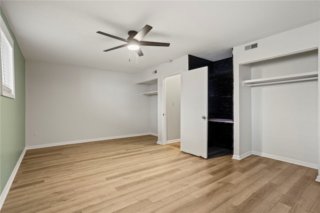 unfurnished bedroom with ceiling fan, a closet, and light hardwood / wood-style flooring