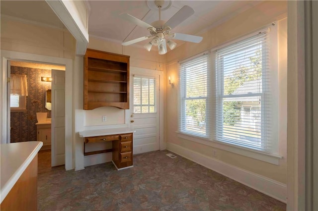102 Wardlaw St, Abbeville, SC 29620 - unfurnished office featuring baseboards, visible vents, crown molding, and ceiling fan