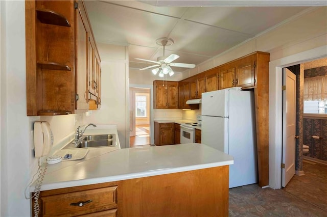 kitchen with plenty of natural light, sink, white appliances, and kitchen peninsula