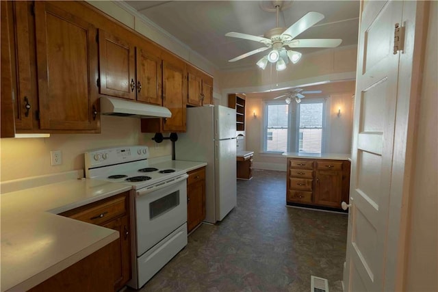 kitchen featuring kitchen peninsula, white appliances, ceiling fan, and ornamental molding