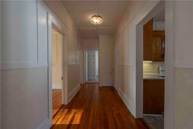 102 Wardlaw St, Abbeville, SC 29620 - hall with baseboards, attic access, and dark wood finished floors