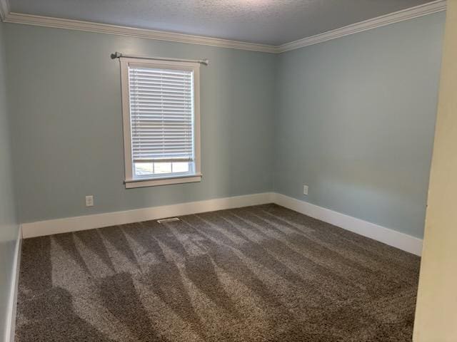 spare room with carpet flooring, crown molding, and a textured ceiling