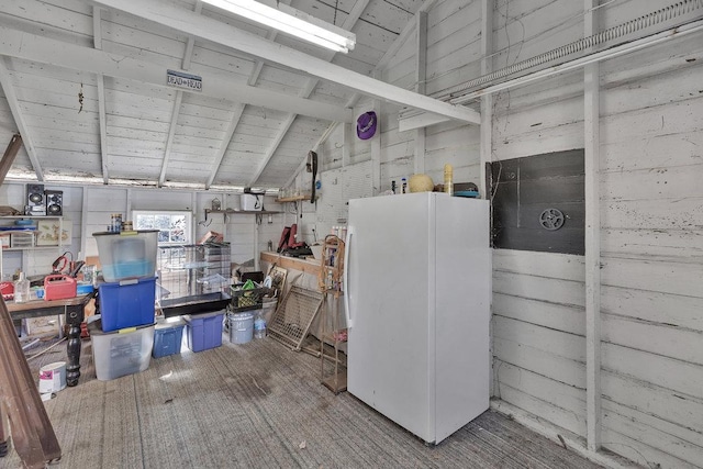 miscellaneous room featuring lofted ceiling with beams and wood ceiling