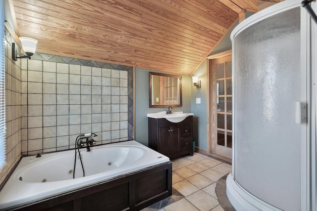 bathroom with tile patterned floors, vanity, vaulted ceiling, wooden ceiling, and separate shower and tub