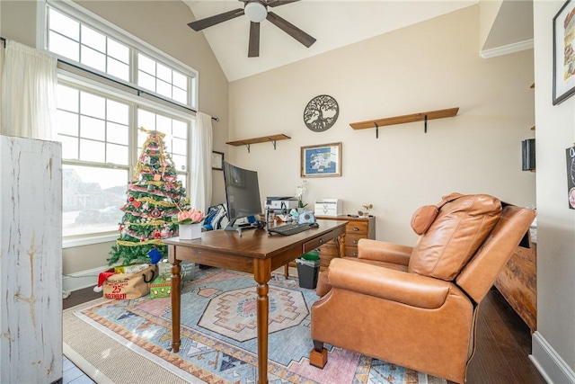 home office with ceiling fan and high vaulted ceiling