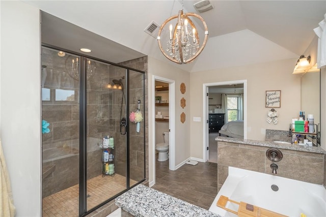 full bathroom with toilet, lofted ceiling, independent shower and bath, and a notable chandelier