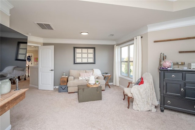 living room featuring crown molding and light colored carpet