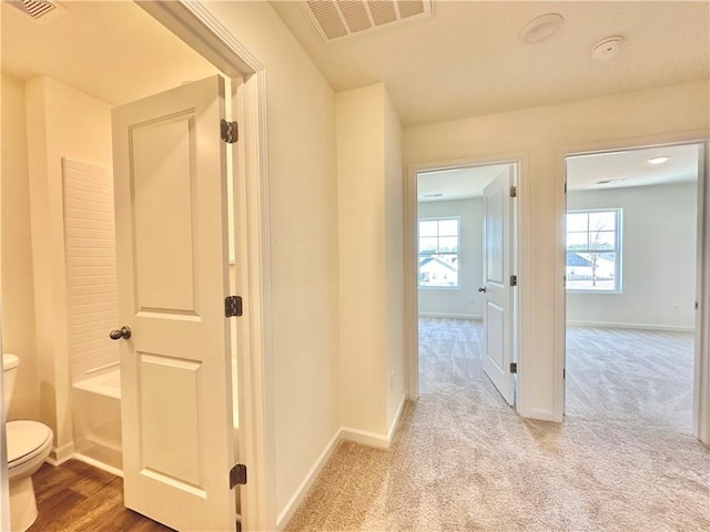 hallway featuring light carpet