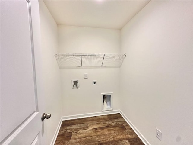 clothes washing area with electric dryer hookup, hookup for a washing machine, and dark hardwood / wood-style flooring