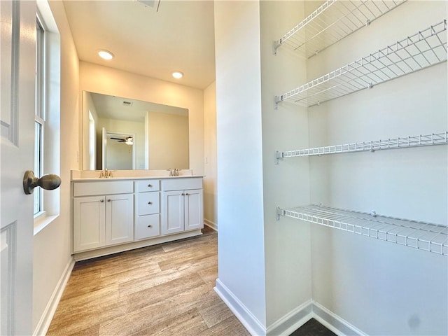 bathroom featuring vanity and hardwood / wood-style floors