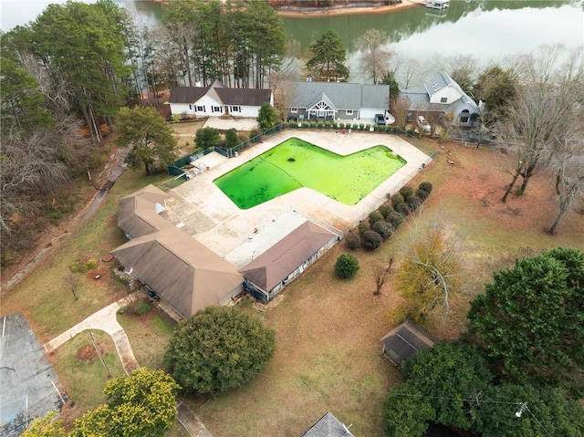 birds eye view of property featuring a water view