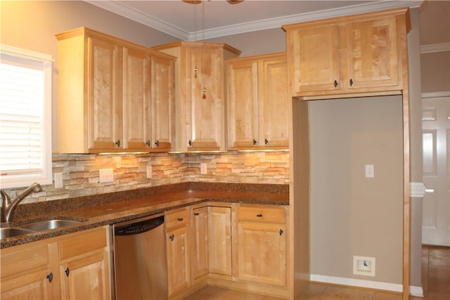 kitchen featuring dishwasher, sink, dark stone counters, and tasteful backsplash