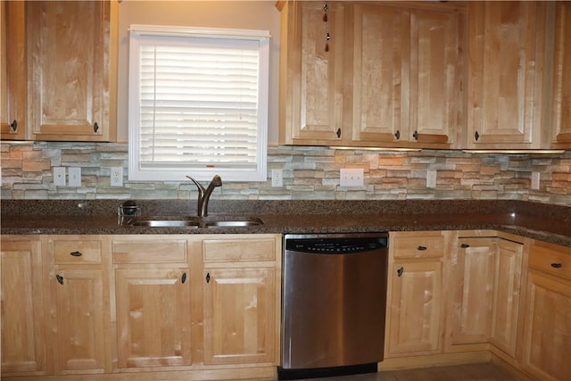 kitchen with dishwasher, decorative backsplash, sink, and dark stone counters