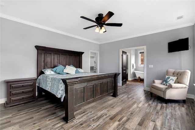 bedroom featuring ceiling fan, ornamental molding, and dark wood-type flooring