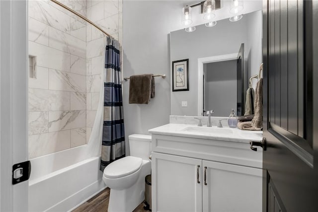 full bathroom with shower / bathtub combination with curtain, vanity, toilet, and wood-type flooring