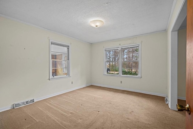 unfurnished room with carpet flooring, a textured ceiling, and ornamental molding